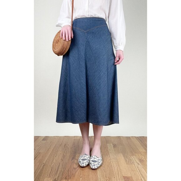 Vintage A-line Drop Waist Midi Skirt Full Denim Jean Coastal Cowgirl Westerncore - Picture 5 of 9